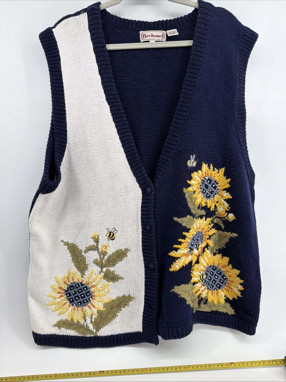 Vtg Bechamel Womens 2XL Sunflower Bee Knit Sweater Vest Blue & White Cottagecore